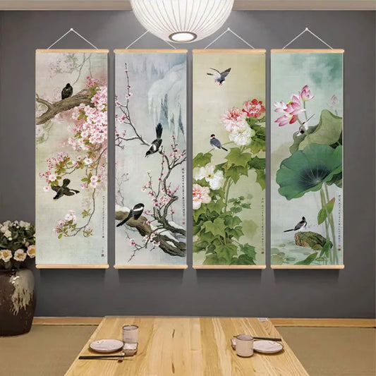 Bird Flowers Chinese Scroll Wall Art